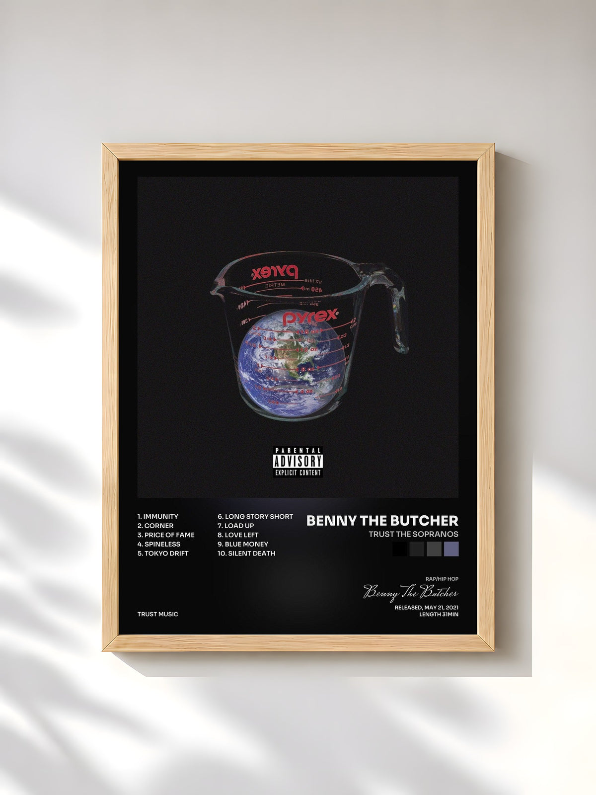 #bois Tableau de l'album Trust The Sopranos de Benny The Butcher, cadre en bois brut, imprimé et encadré en France