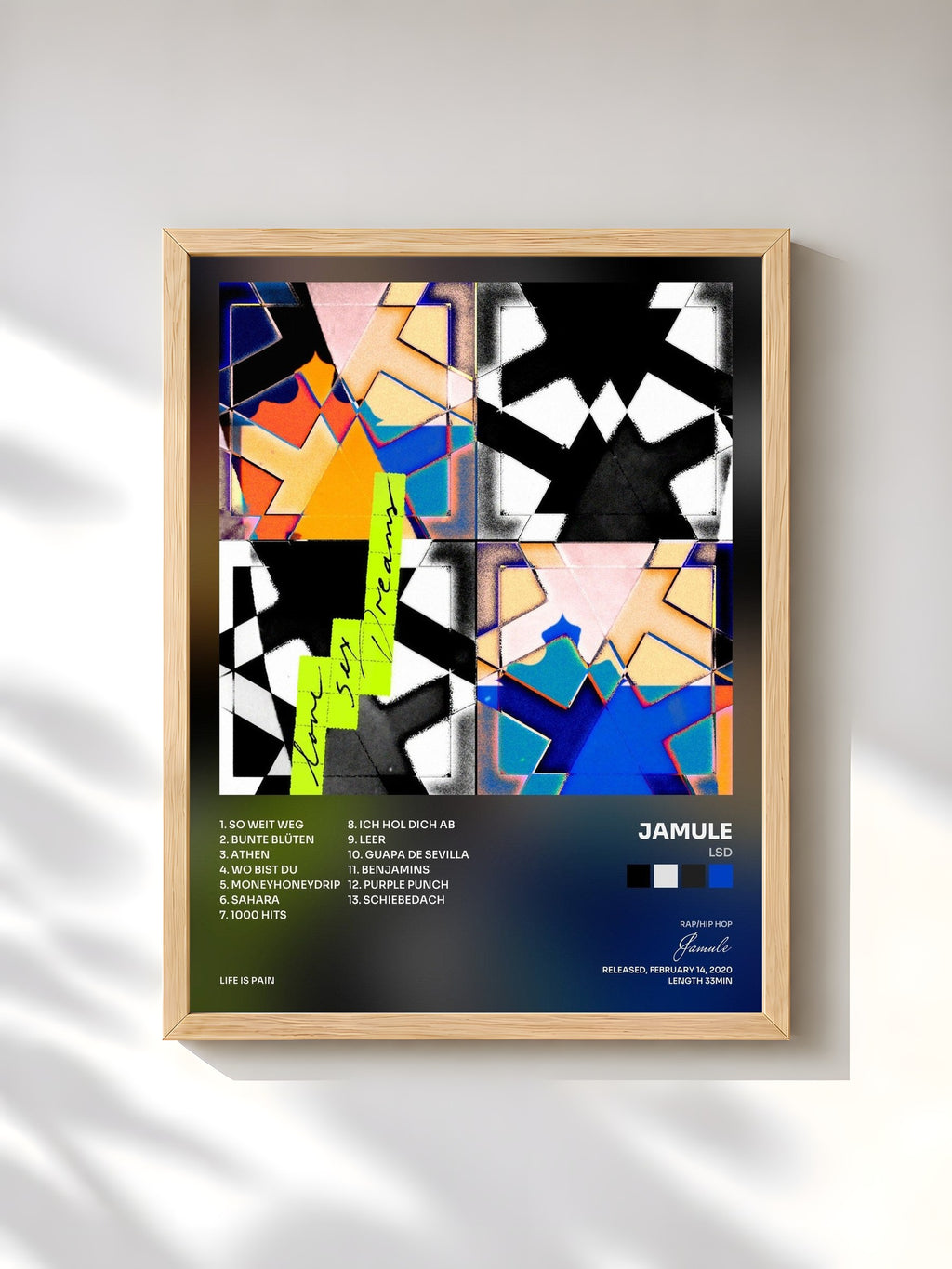 #bois Tableau de l'album LSD de Jamule, cadre en bois brut, imprimé et encadré en France