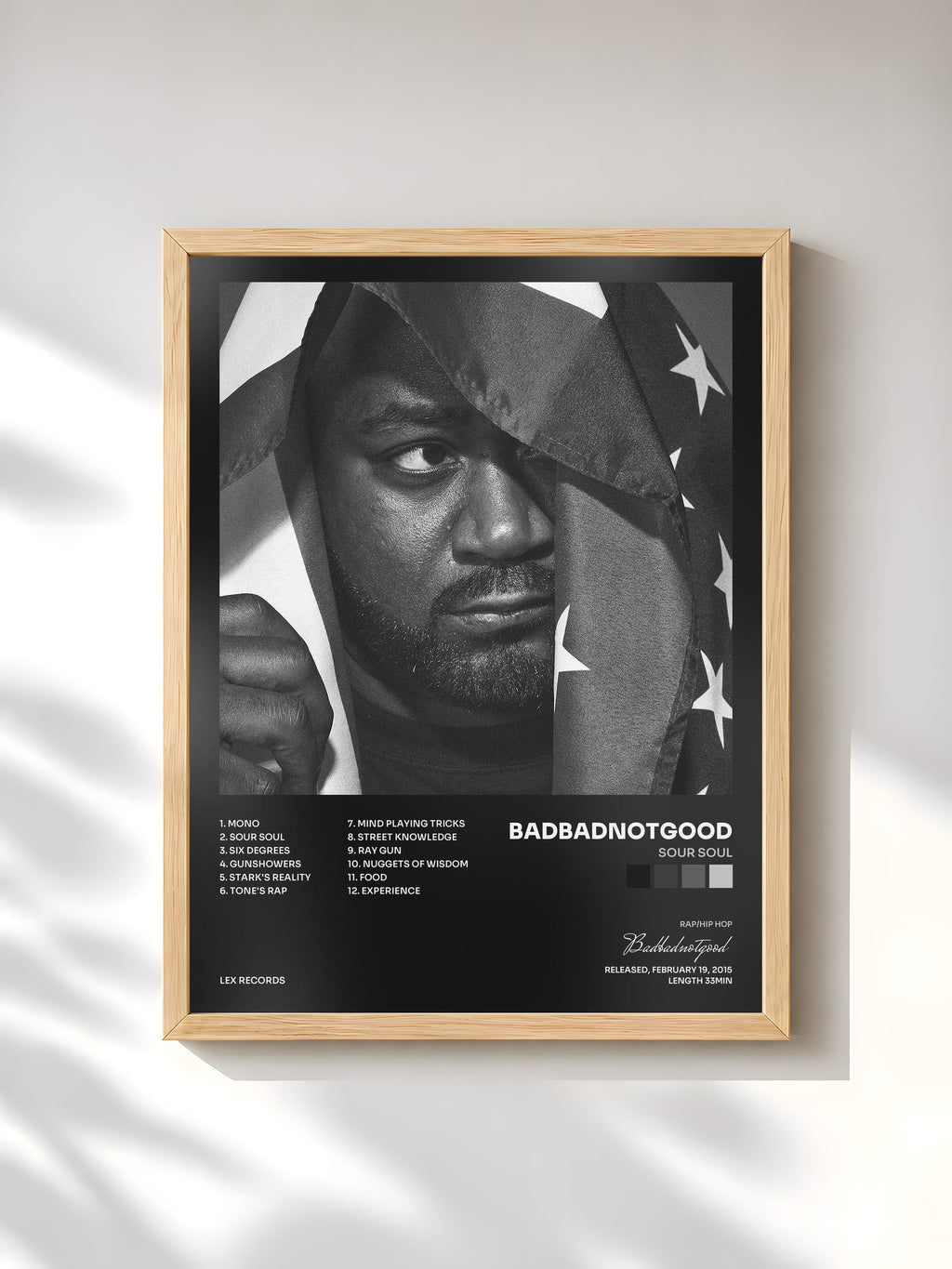 #bois Tableau de l'album Sour Soul de Badbadnotgood, cadre en bois brut, imprimé et encadré en France