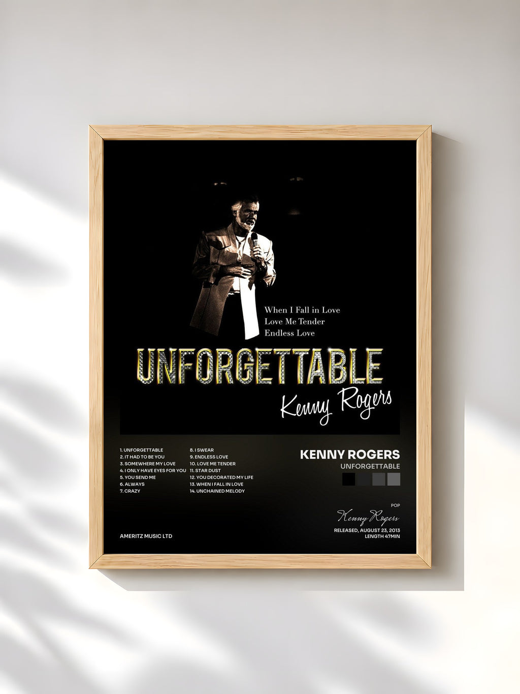 #bois Tableau de l'album Unforgettable de Kenny Rogers, cadre en bois brut, imprimé et encadré en France