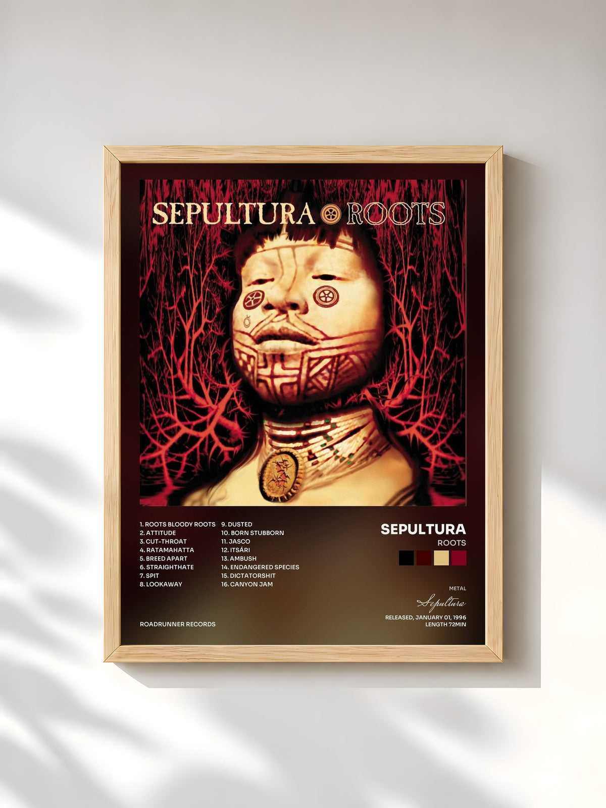 #bois Tableau de l'album Roots de Sepultura, cadre en bois brut, imprimé et encadré en France