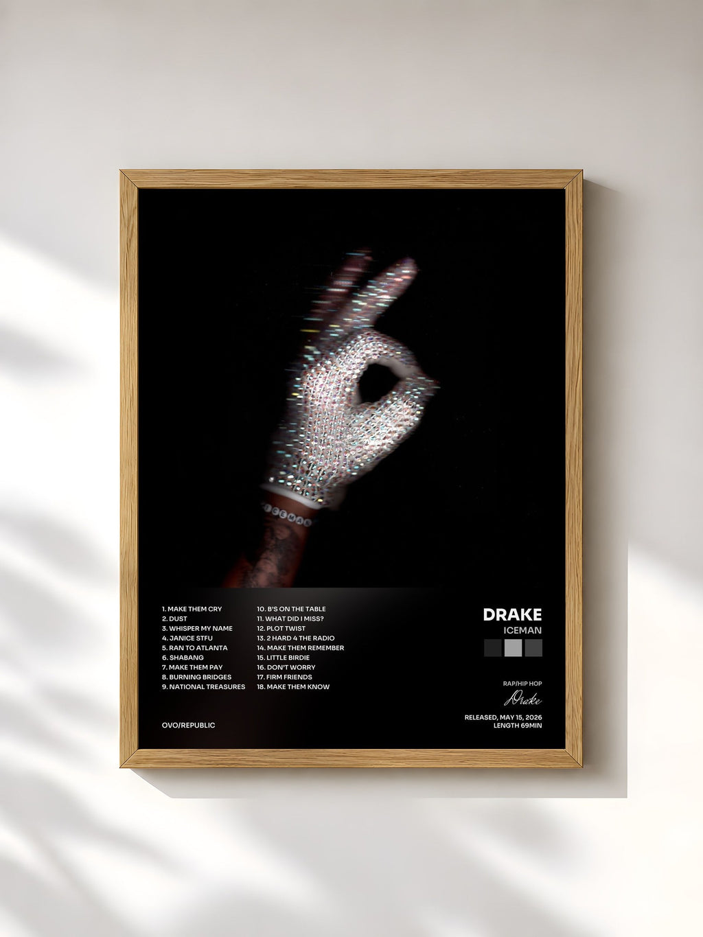 #bois Tableau de l'album ICEMAN de Drake, cadre en bois brut, imprimé et encadré en France