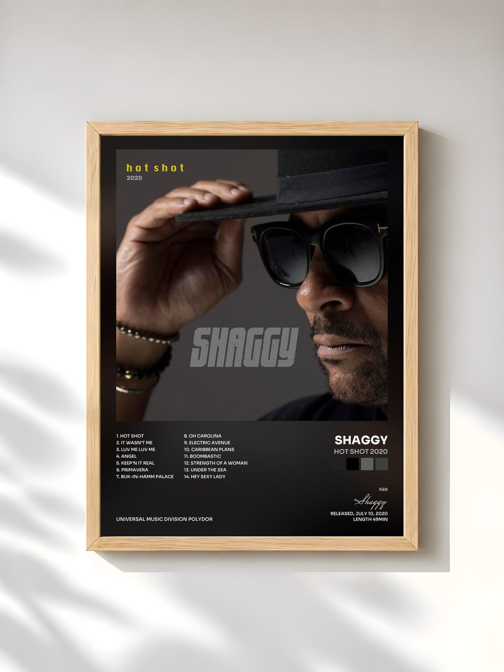 #bois Tableau de l'album Hot Shot 2020 de Shaggy, cadre en bois brut, imprimé et encadré en France
