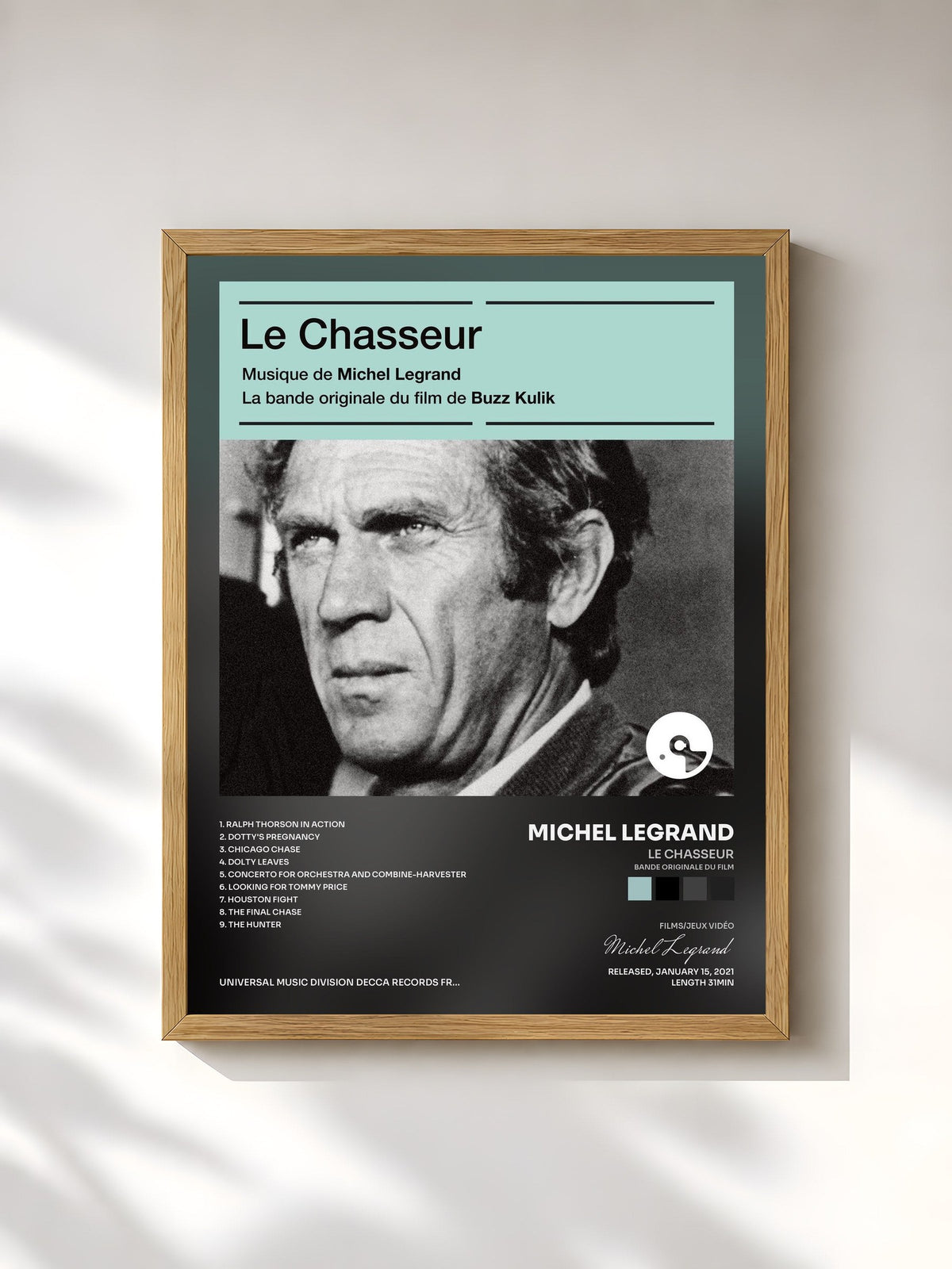 #bois Tableau de l'album Le chasseur (Bande originale du film) de Michel Legrand, cadre en bois brut, imprimé et encadré en France