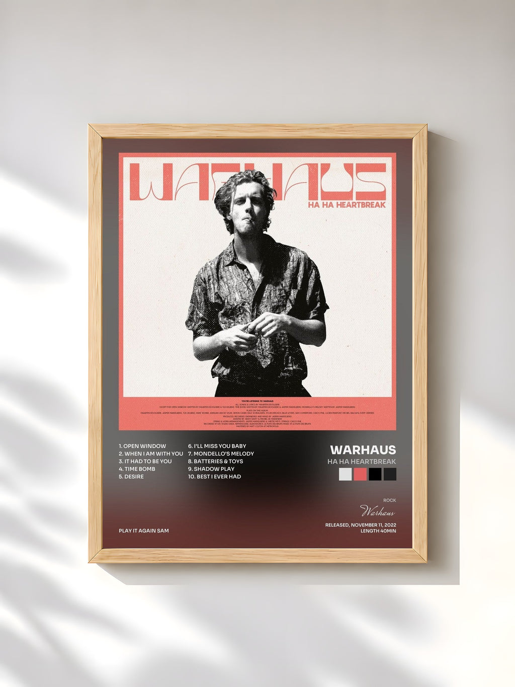 #bois Tableau de l'album Ha Ha Heartbreak de Warhaus, cadre en bois brut, imprimé et encadré en France