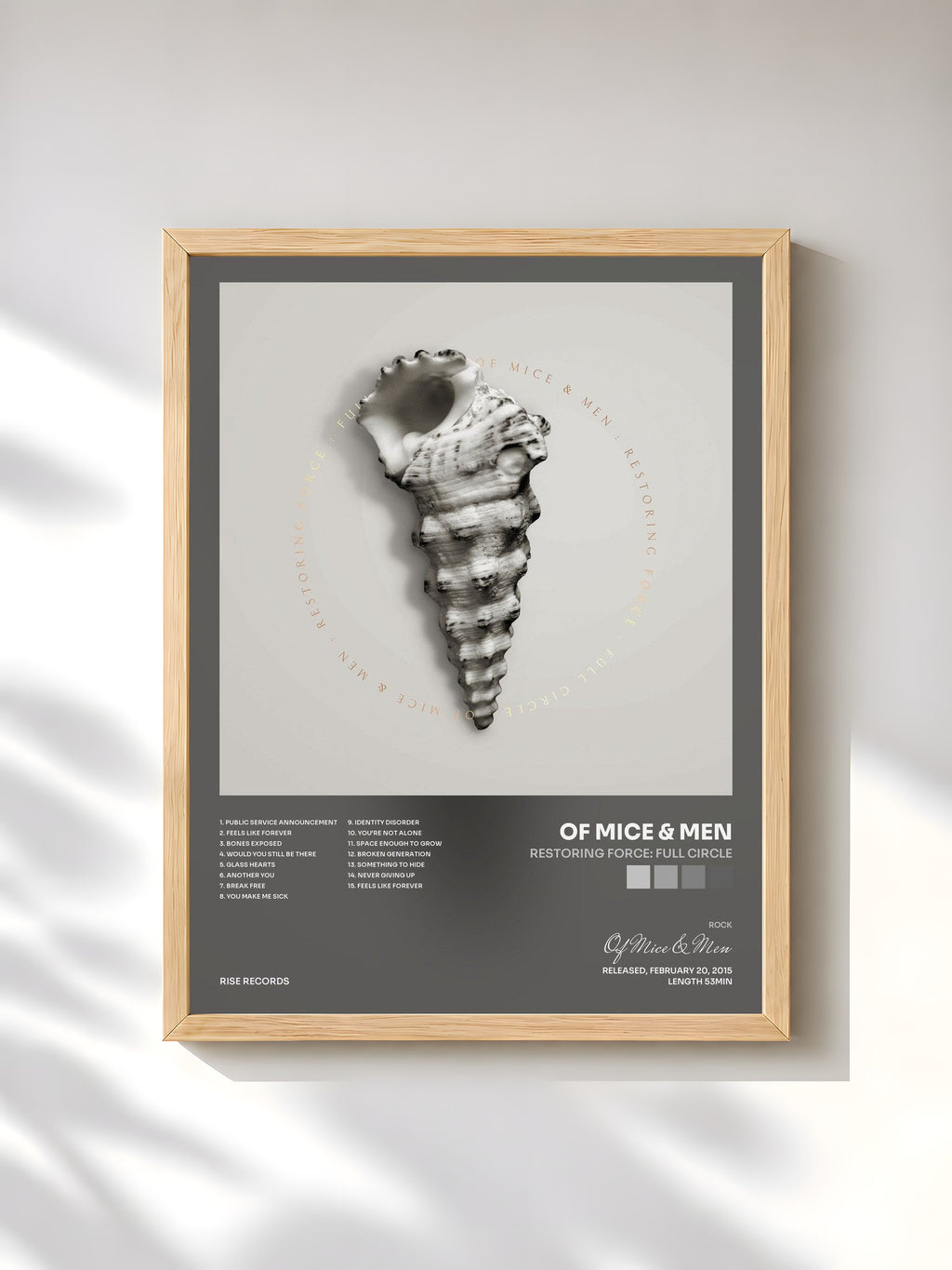 #bois Tableau de l'album Restoring Force: Full Circle de Of Mice & Men, cadre en bois brut, imprimé et encadré en France