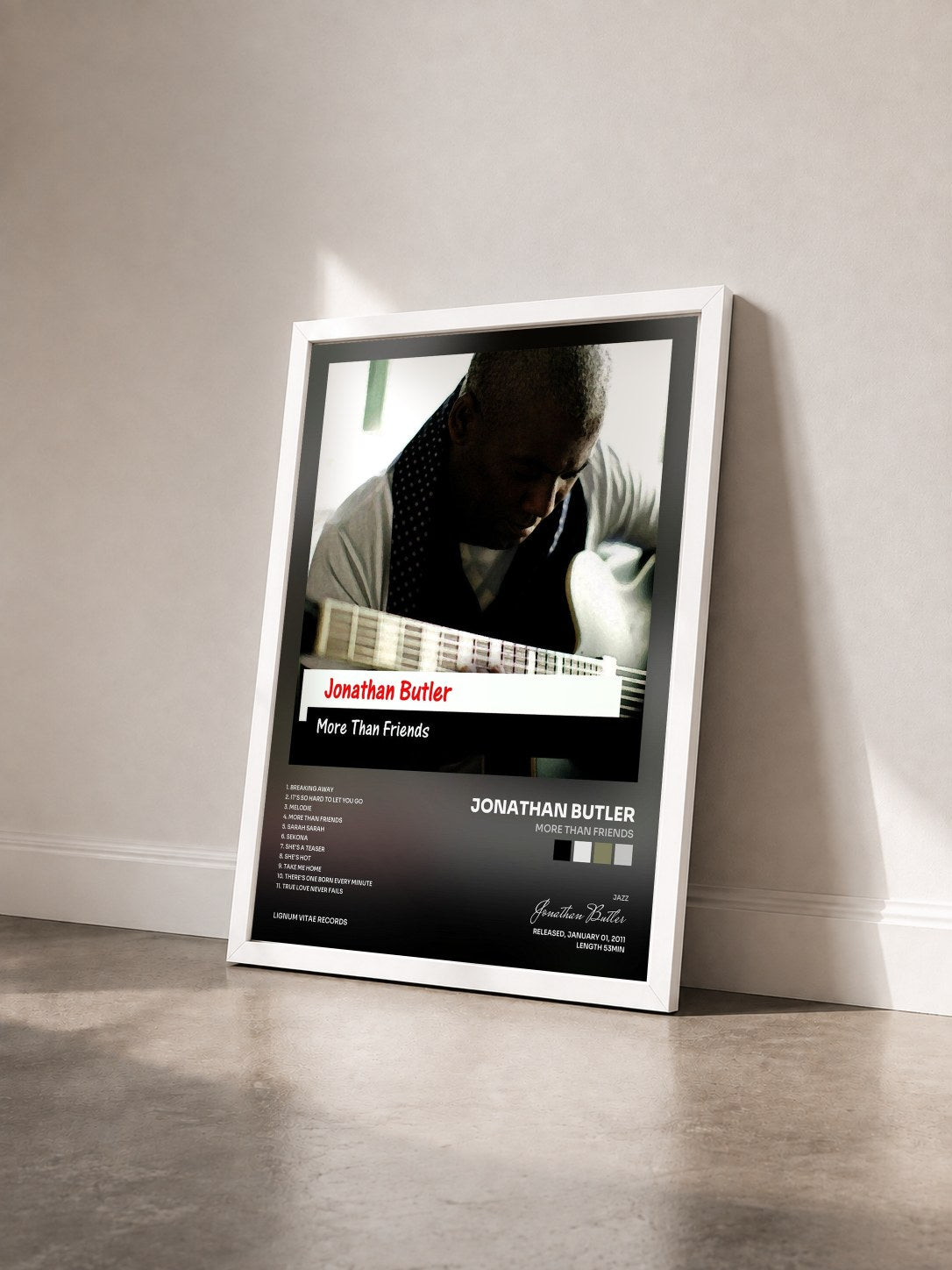 #blanc Tableau de l'album More Than Friends de Jonathan Butler vu de trois quarts, cadre blanc