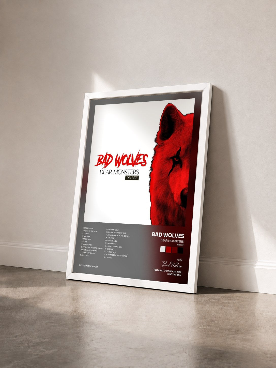 #blanc Tableau de l'album Dear Monsters (Deluxe) de Bad Wolves vu de trois quarts, cadre blanc
