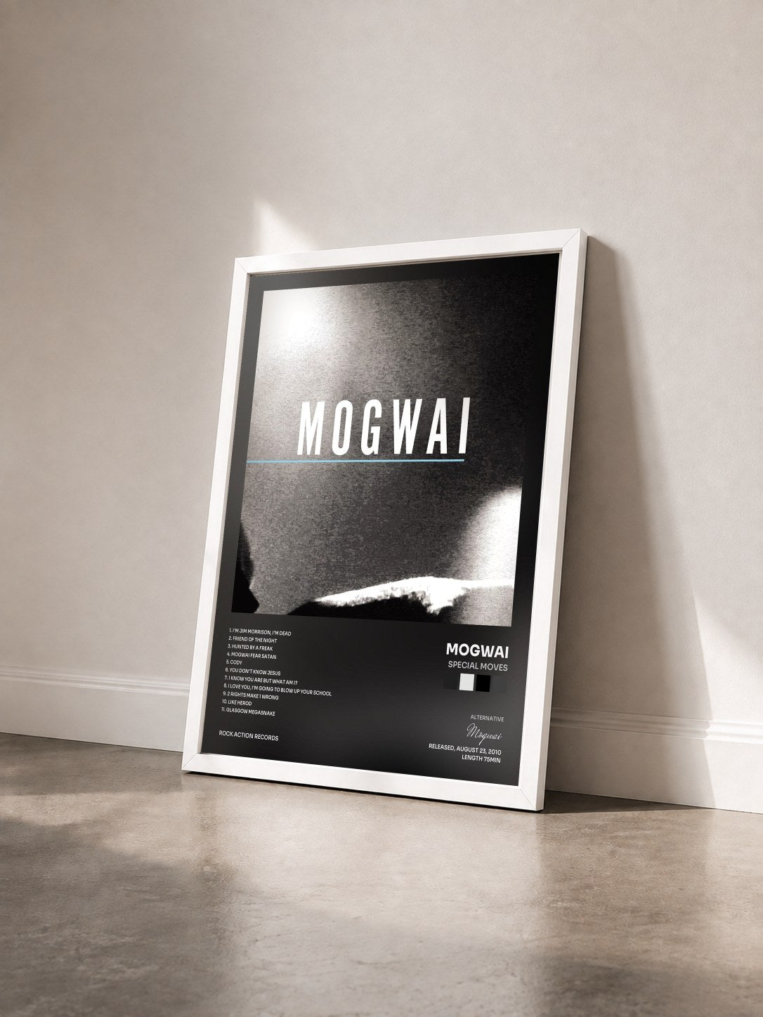 #blanc Tableau de l'album Special Moves de Mogwai vu de trois quarts, cadre blanc