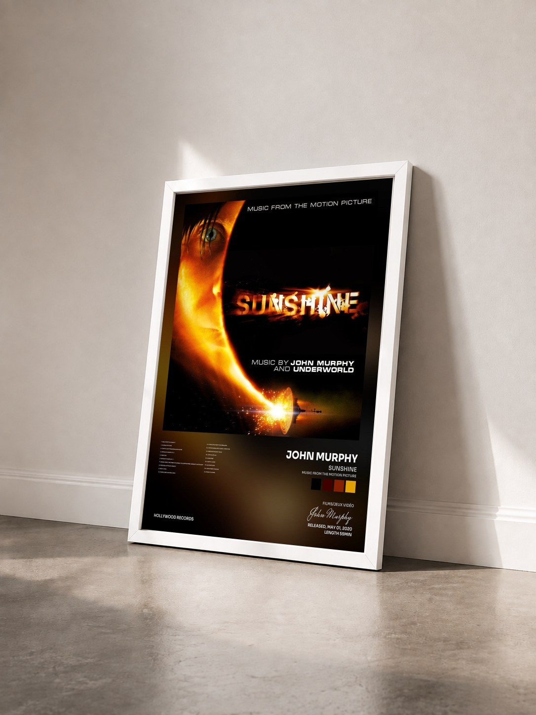 #blanc Tableau de l'album Sunshine (Music from the Motion Picture) de John Murphy vu de trois quarts, cadre blanc