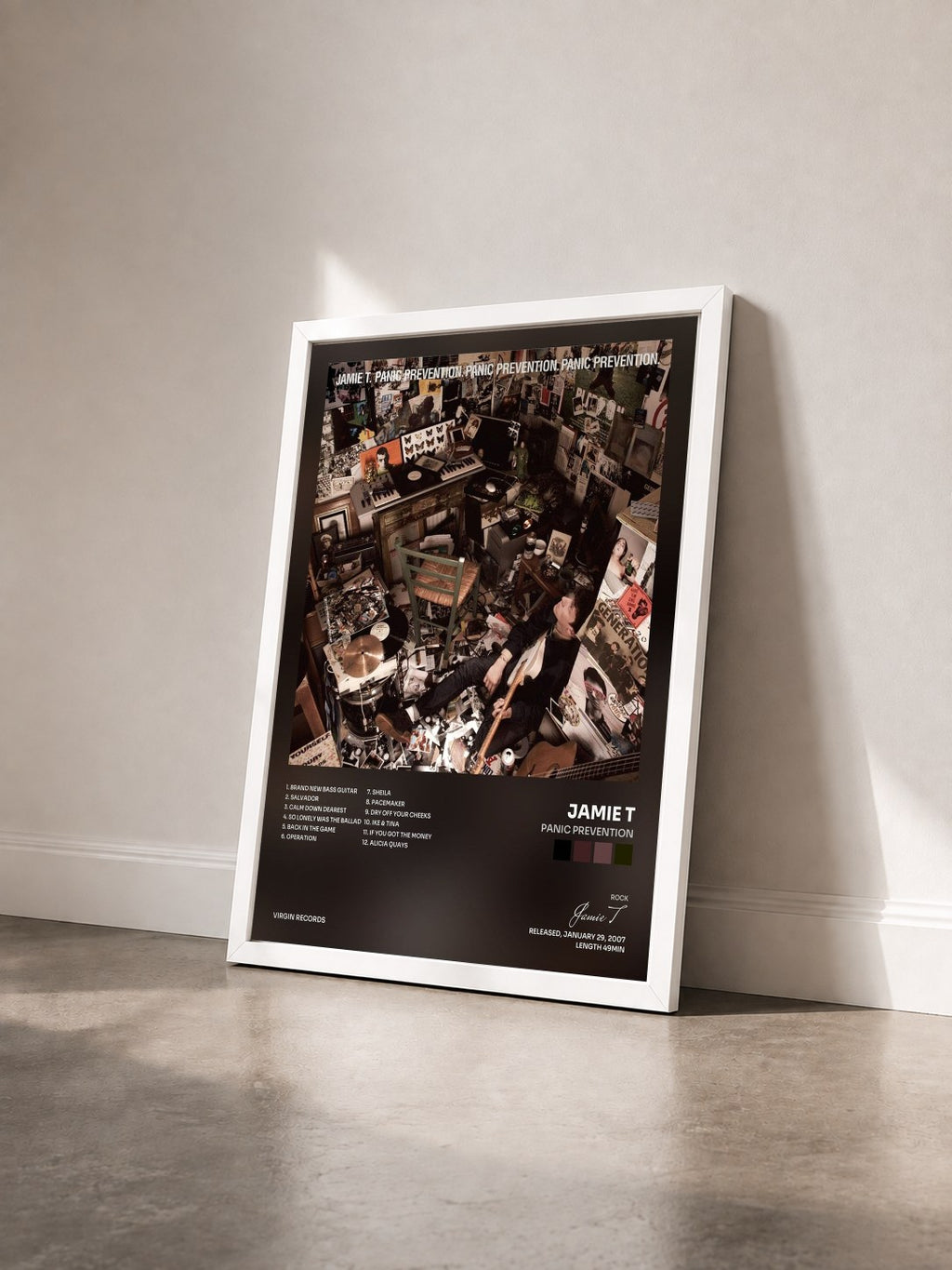 #blanc Tableau de l'album Panic Prevention de Jamie T vu de trois quarts, cadre blanc