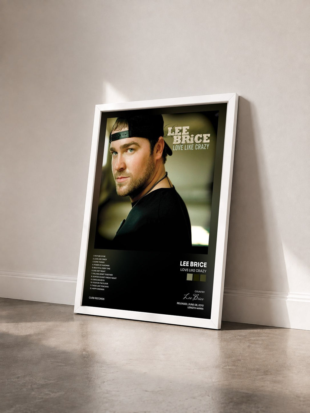 #blanc Tableau de l'album Love Like Crazy de Lee Brice vu de trois quarts, cadre blanc