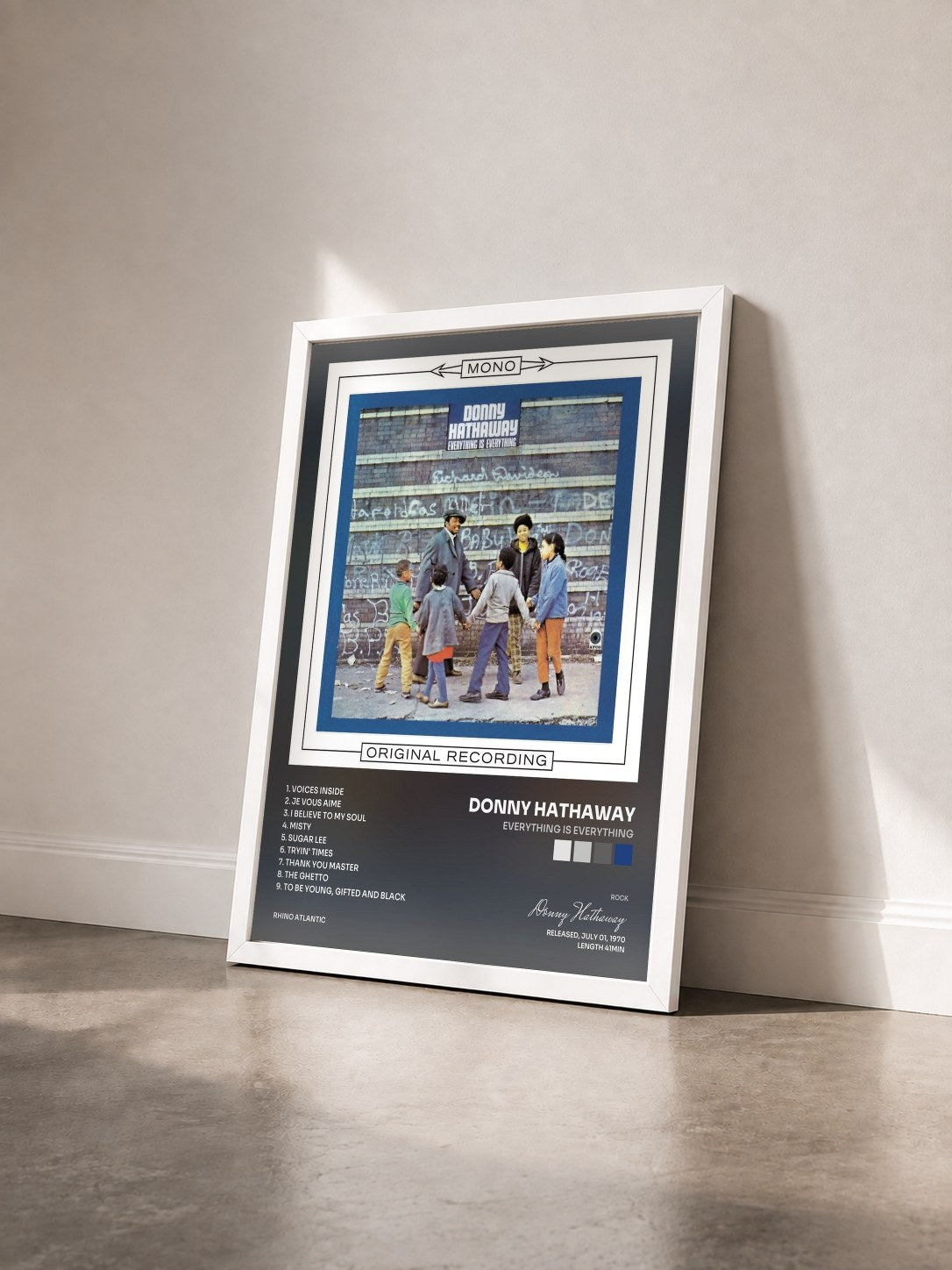 #blanc Tableau de l'album Everything Is Everything de Donny Hathaway vu de trois quarts, cadre blanc