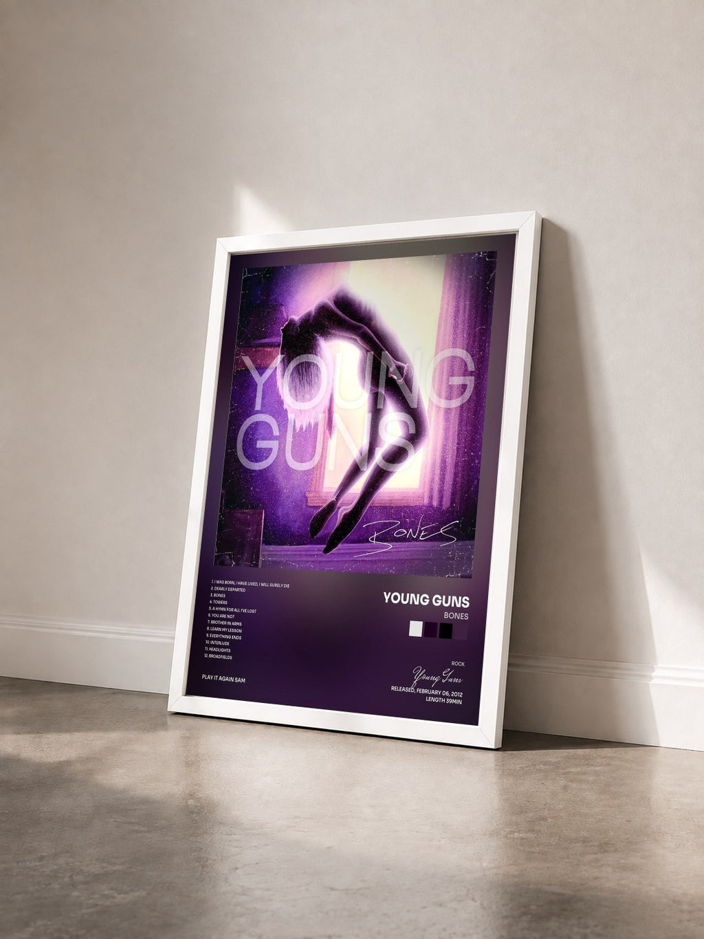 #blanc Tableau de l'album Bones de Young Guns vu de trois quarts, cadre blanc
