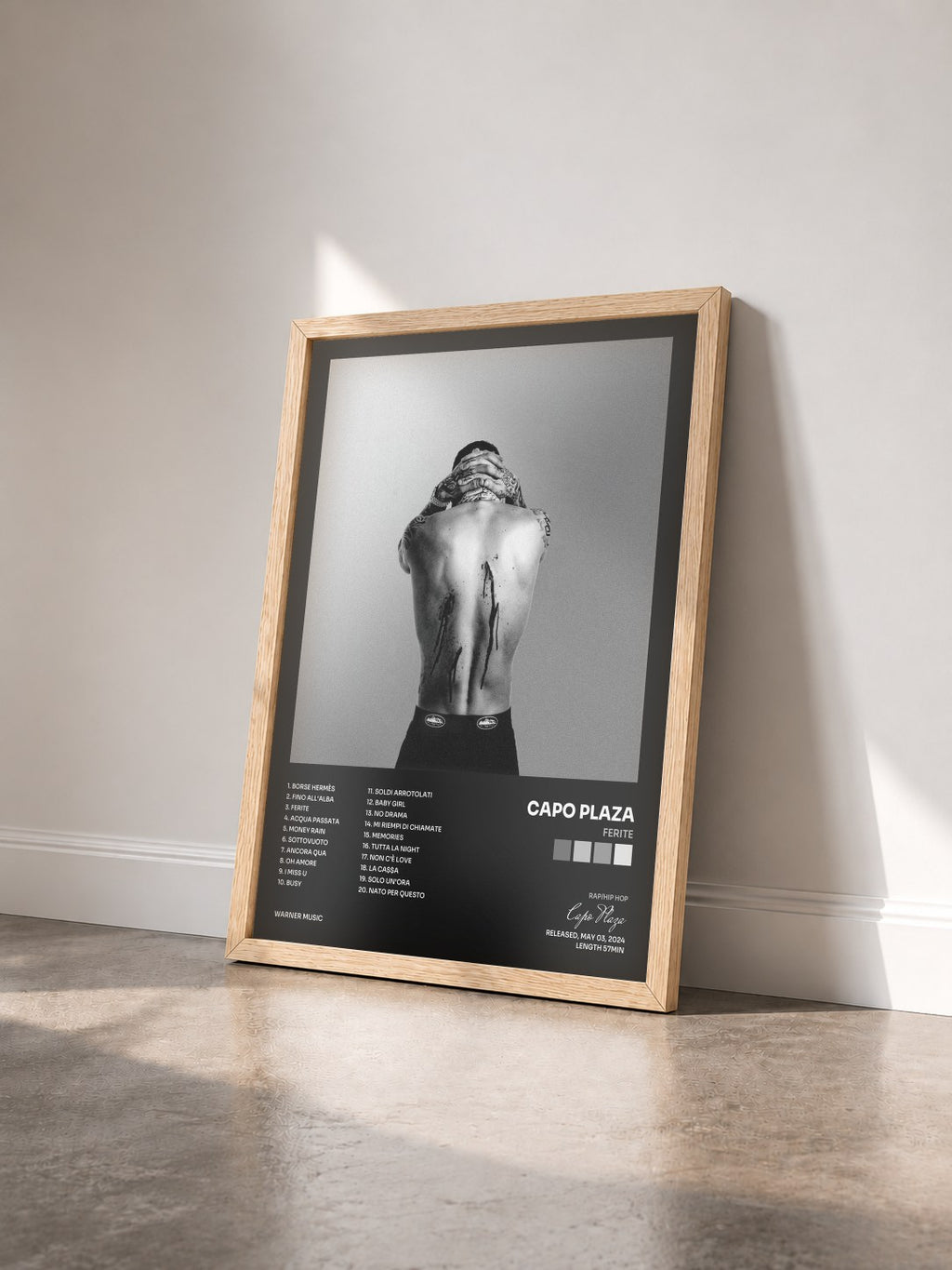 #bois Tableau de l'album FERITE de Capo Plaza vu de trois quarts, cadre en bois brut