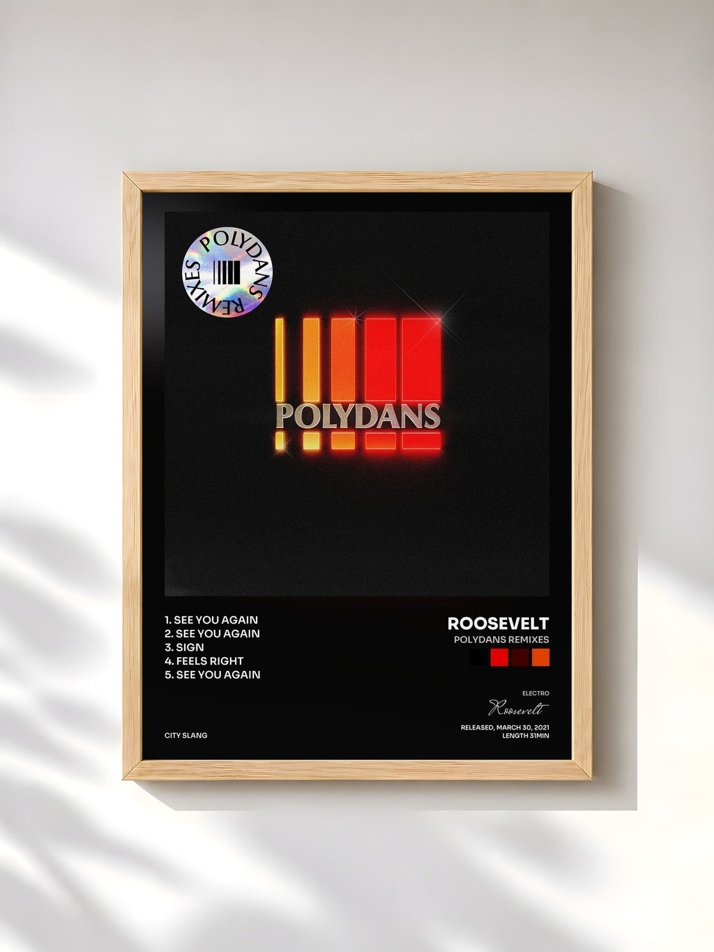 #bois Tableau de l'album Polydans Remixes de Roosevelt, cadre en bois brut, imprimé et encadré en France