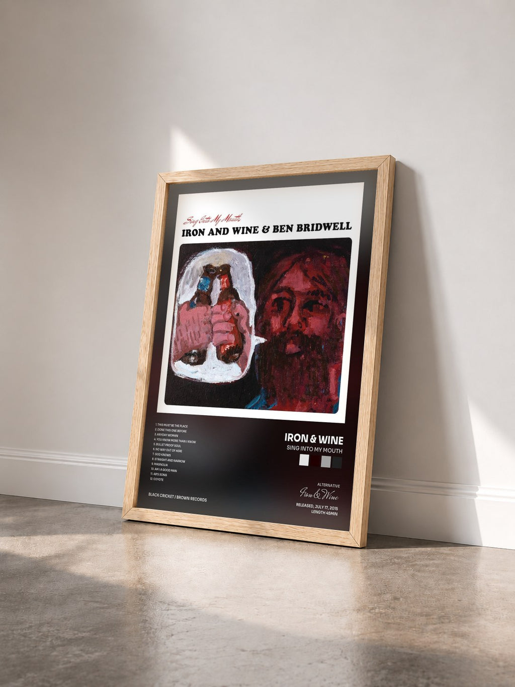 #bois Tableau de l'album Sing Into My Mouth de Iron & Wine vu de trois quarts, cadre en bois brut