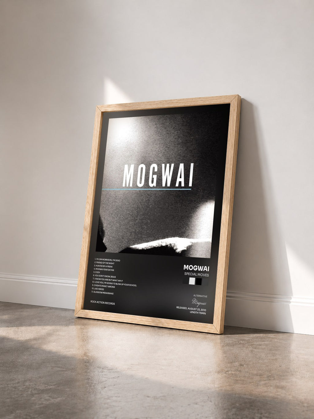 #bois Tableau de l'album Special Moves de Mogwai vu de trois quarts, cadre en bois brut