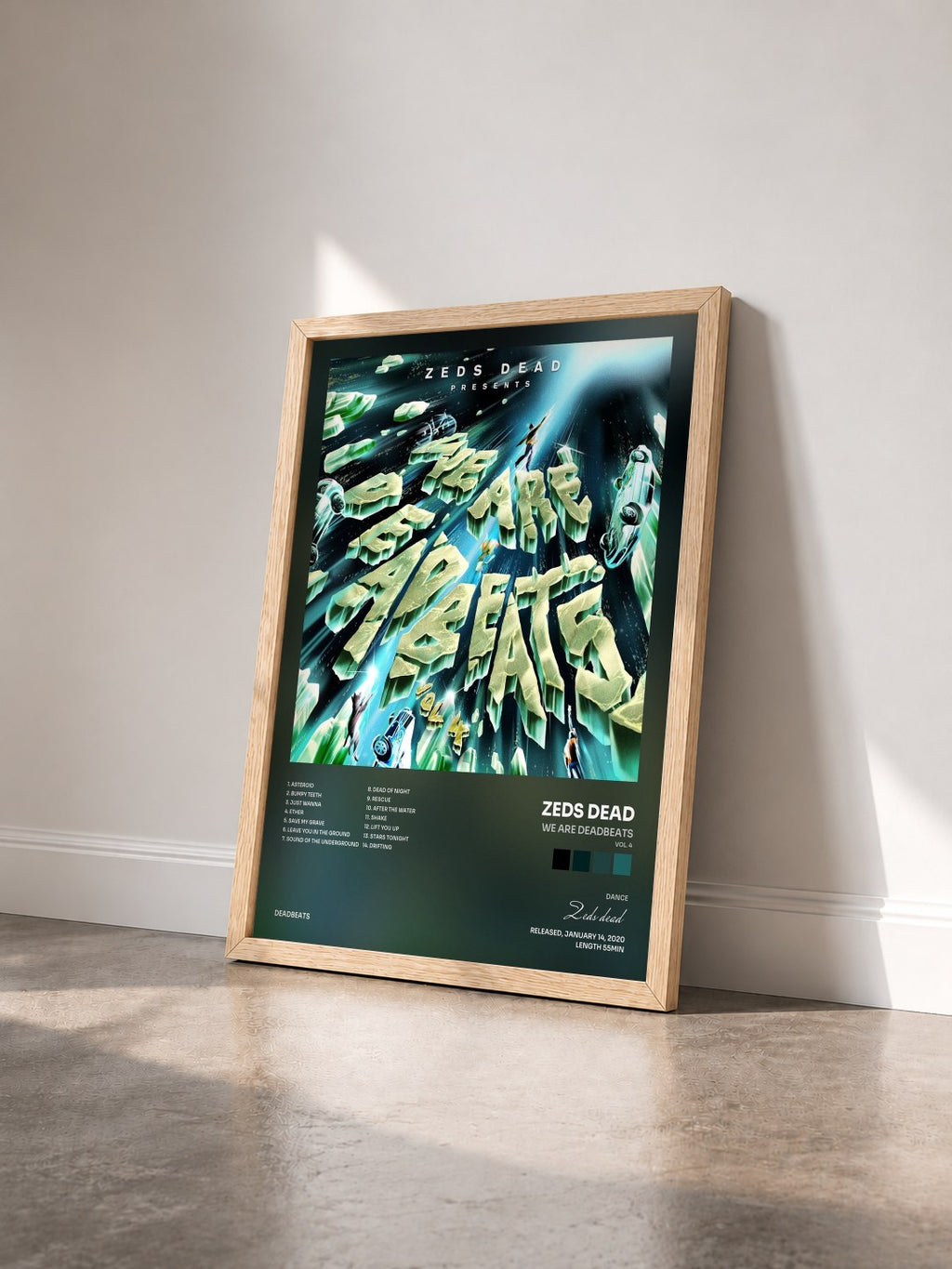#bois Tableau de l'album We Are Deadbeats (Vol. 4) de Zeds dead vu de trois quarts, cadre en bois brut