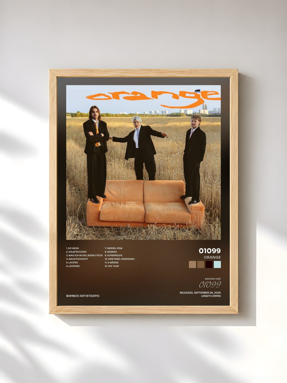 #bois Tableau de l'album orange de 01099, cadre en bois brut, imprimé et encadré en France