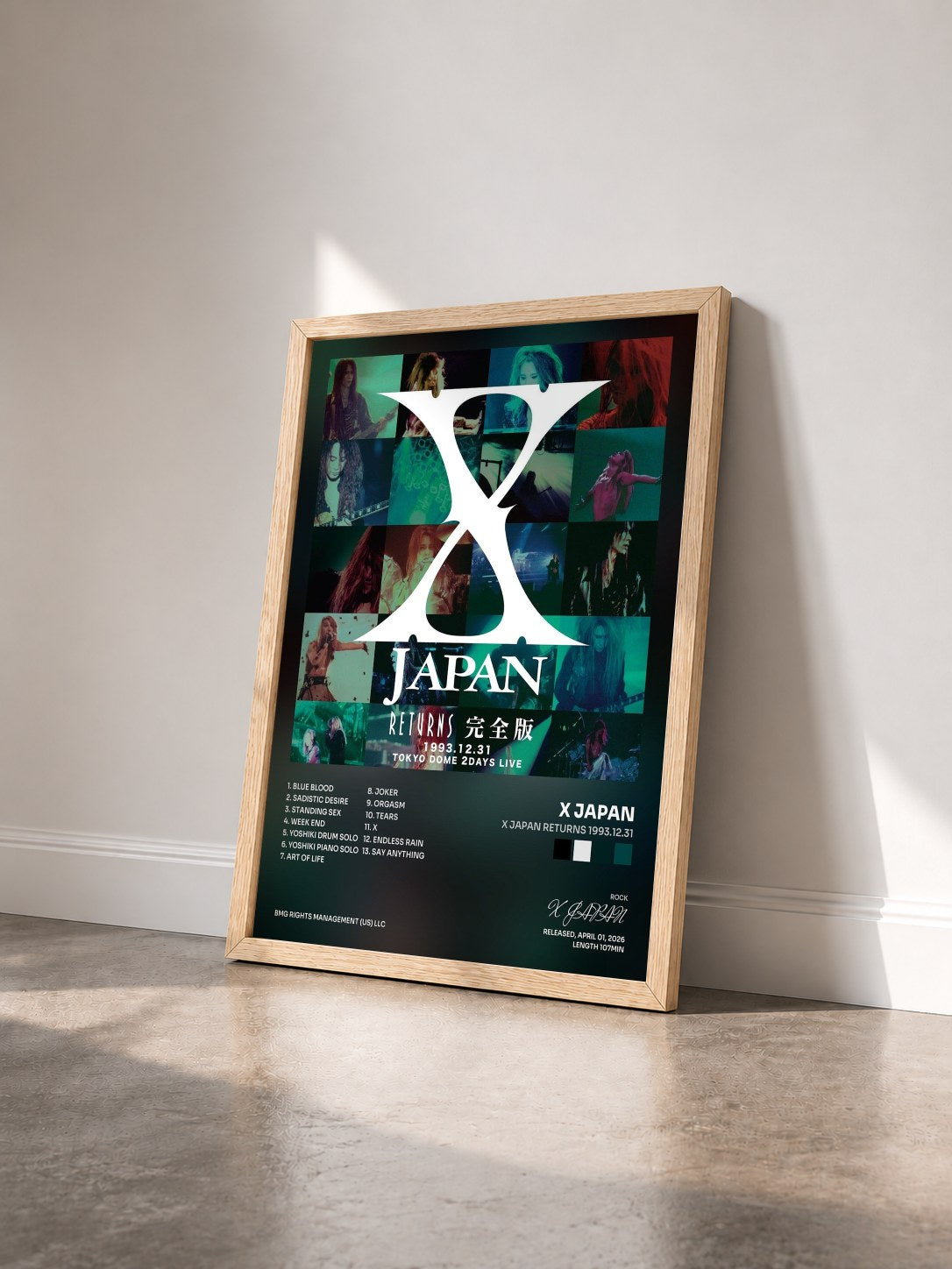 #bois Tableau de l'album X JAPAN RETURNS 1993.12.31 de X JAPAN vu de trois quarts, cadre en bois brut