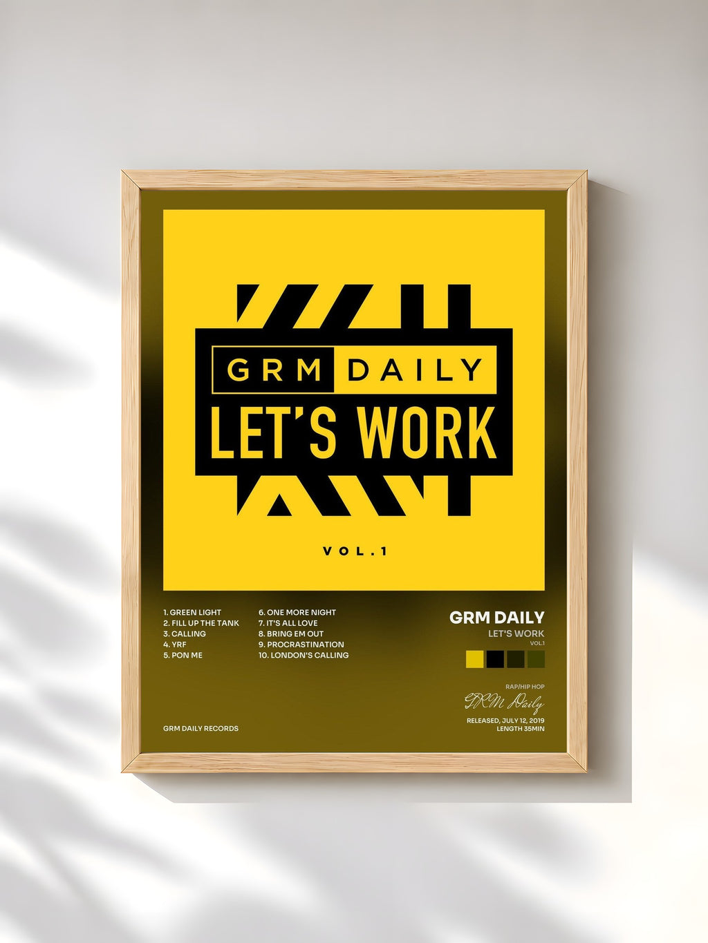 #bois Tableau de l'album Let's Work (Vol.1) de GRM Daily, cadre en bois brut, imprimé et encadré en France