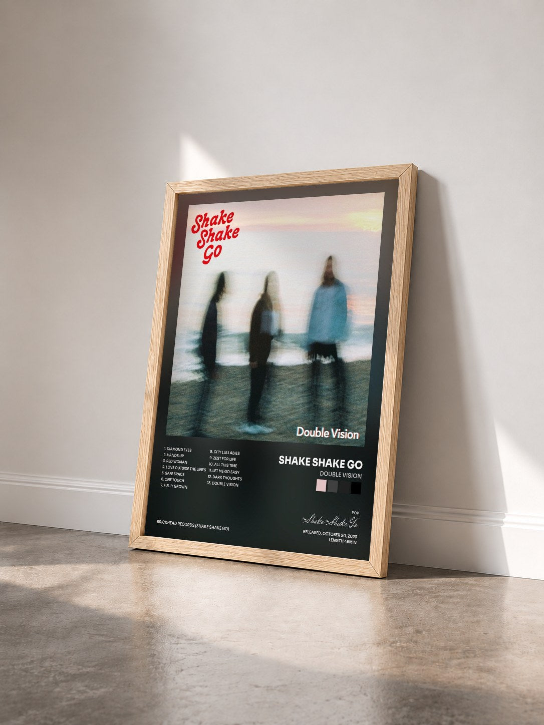 #bois Tableau de l'album Double Vision de Shake Shake Go vu de trois quarts, cadre en bois brut