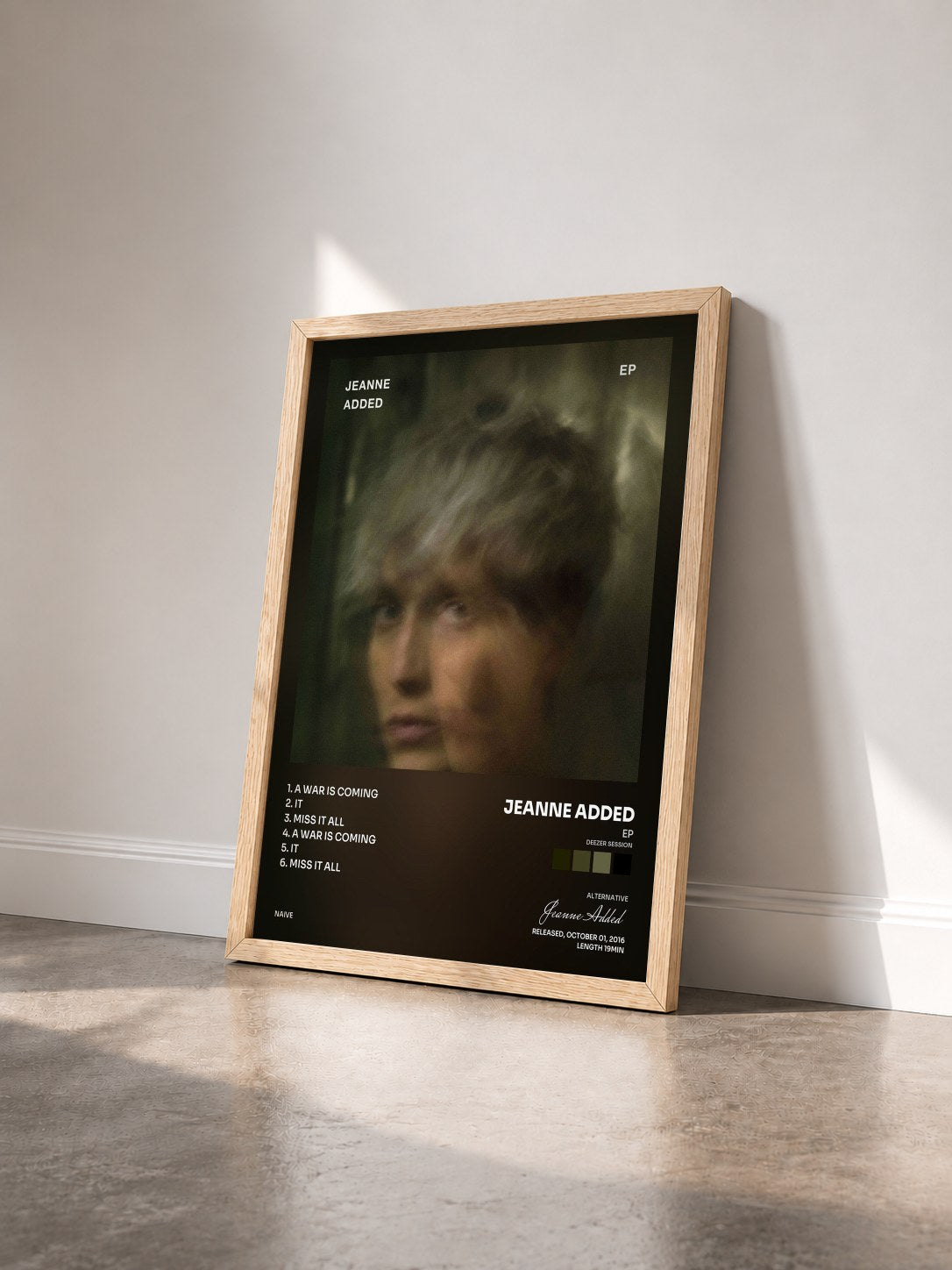 #bois Tableau de l'album EP (Deezer Session) de Jeanne Added vu de trois quarts, cadre en bois brut