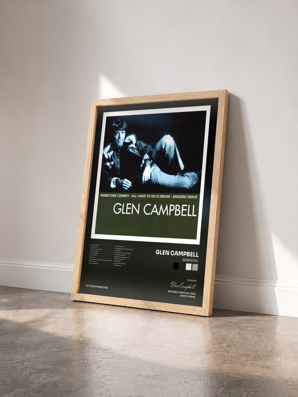#bois Tableau de l'album Essential de Glen Campbell vu de trois quarts, cadre en bois brut