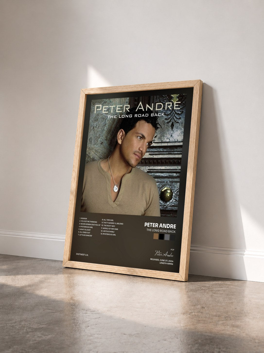 #bois Tableau de l'album The Long Road Back de Peter Andre vu de trois quarts, cadre en bois brut
