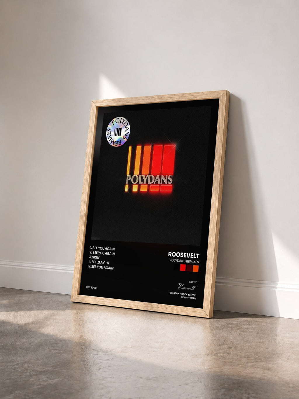#bois Tableau de l'album Polydans Remixes de Roosevelt vu de trois quarts, cadre en bois brut