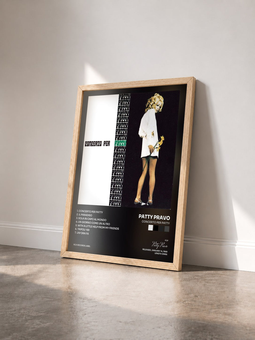 #bois Tableau de l'album Concerto Per Patty de Patty Pravo vu de trois quarts, cadre en bois brut