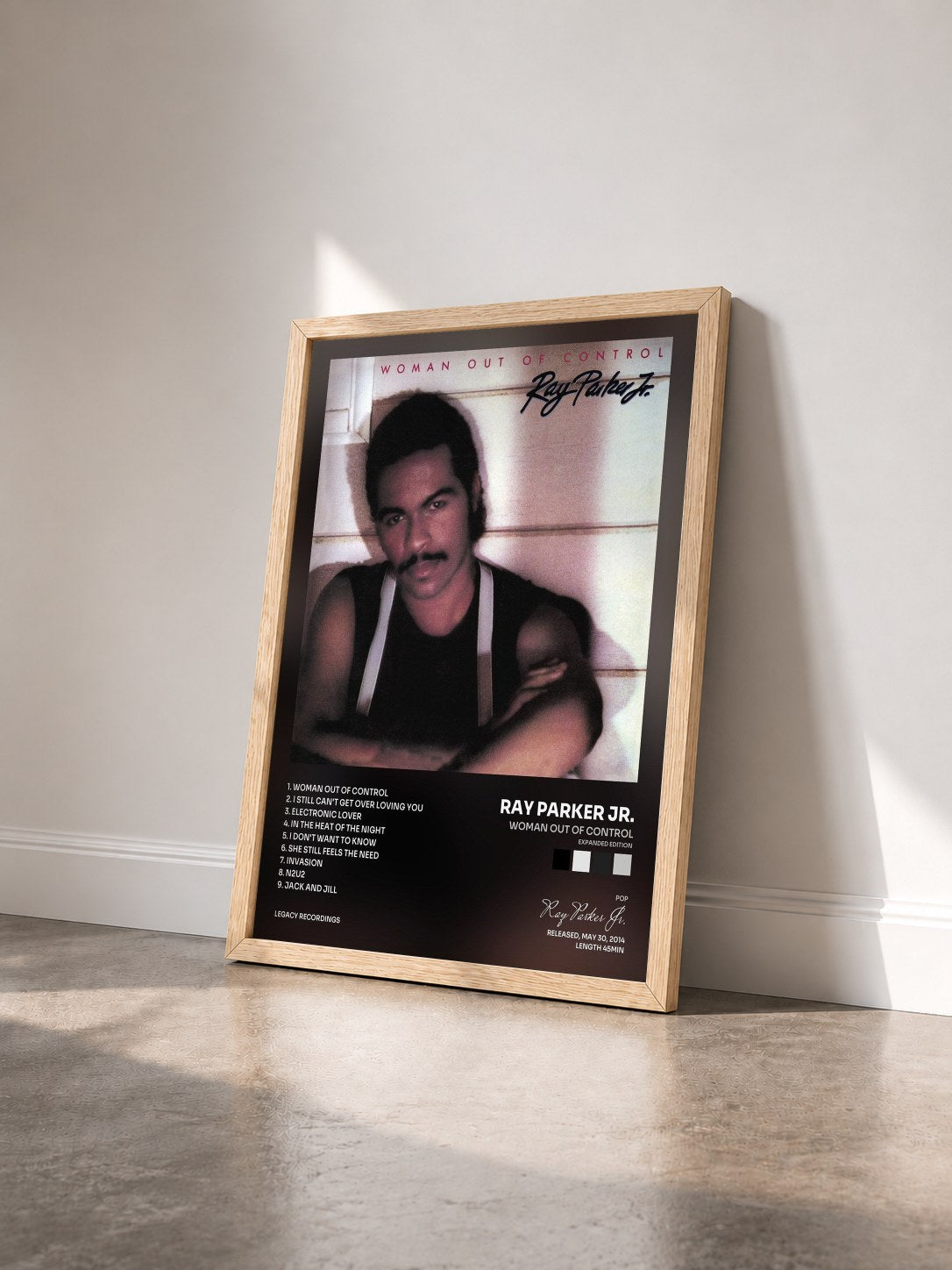 #bois Tableau de l'album Woman Out of Control (Expanded Edition) de Ray Parker Jr. vu de trois quarts, cadre en bois brut