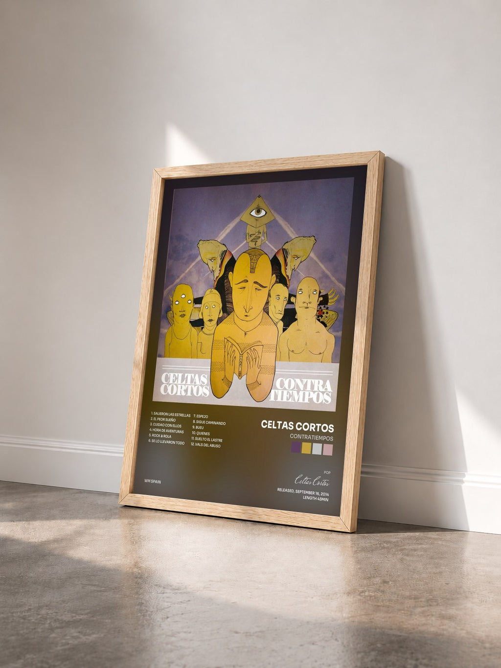 #bois Tableau de l'album Contratiempos de Celtas Cortos vu de trois quarts, cadre en bois brut
