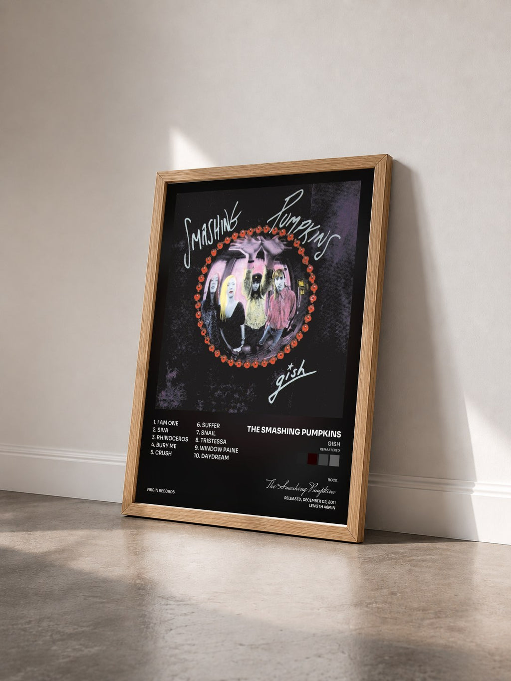 #bois Tableau de l'album Gish (Remastered) de The Smashing Pumpkins vu de trois quarts, cadre en bois brut