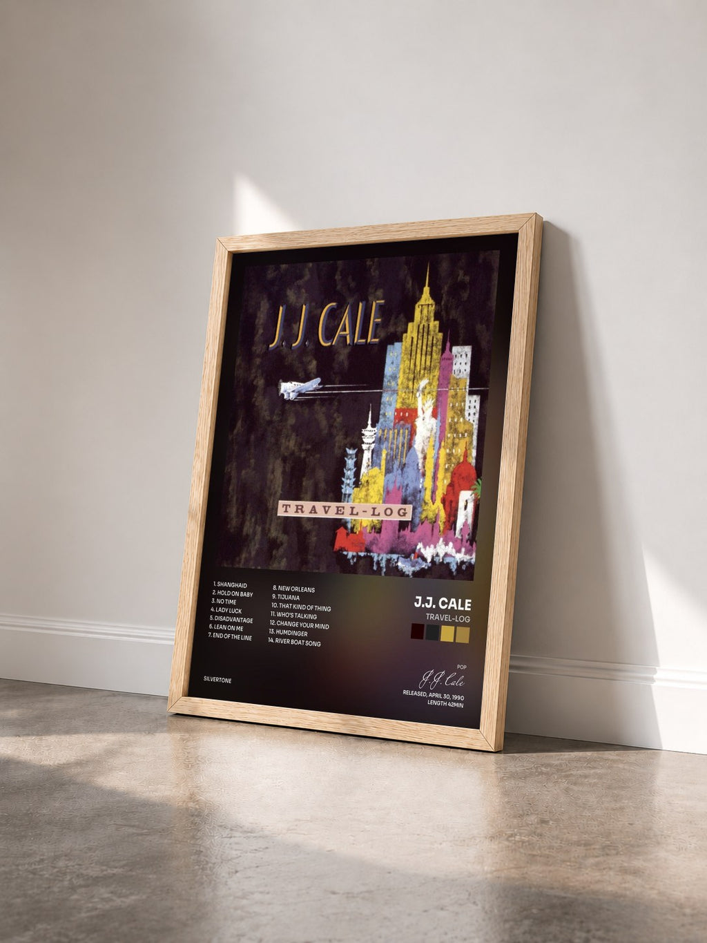 #bois Tableau de l'album Travel-Log de J.J. Cale vu de trois quarts, cadre en bois brut