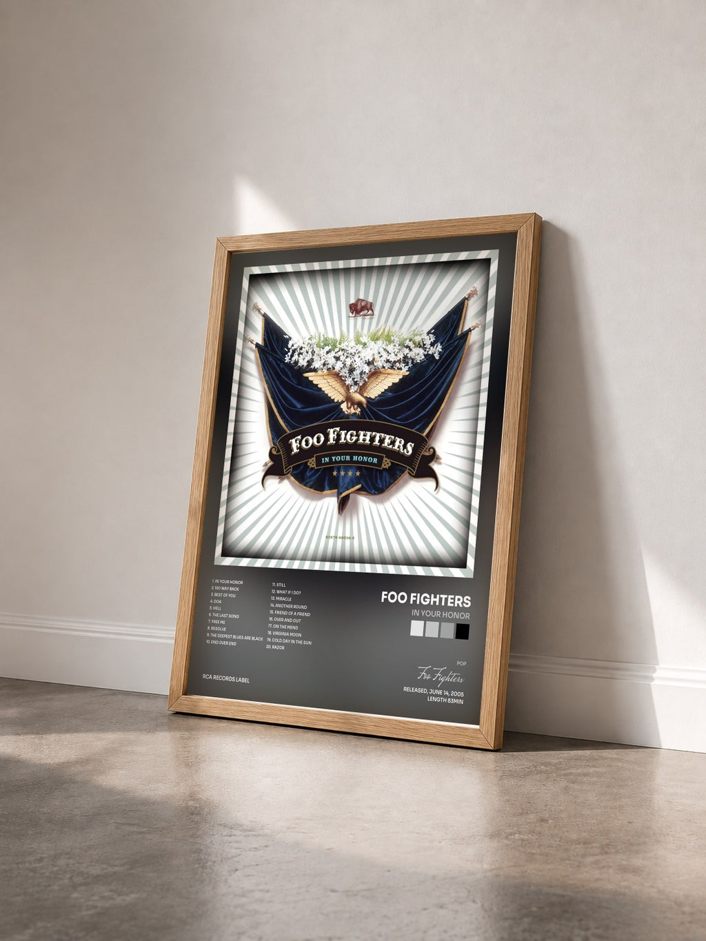 #bois Tableau de l'album In Your Honor de Foo Fighters vu de trois quarts, cadre en bois brut