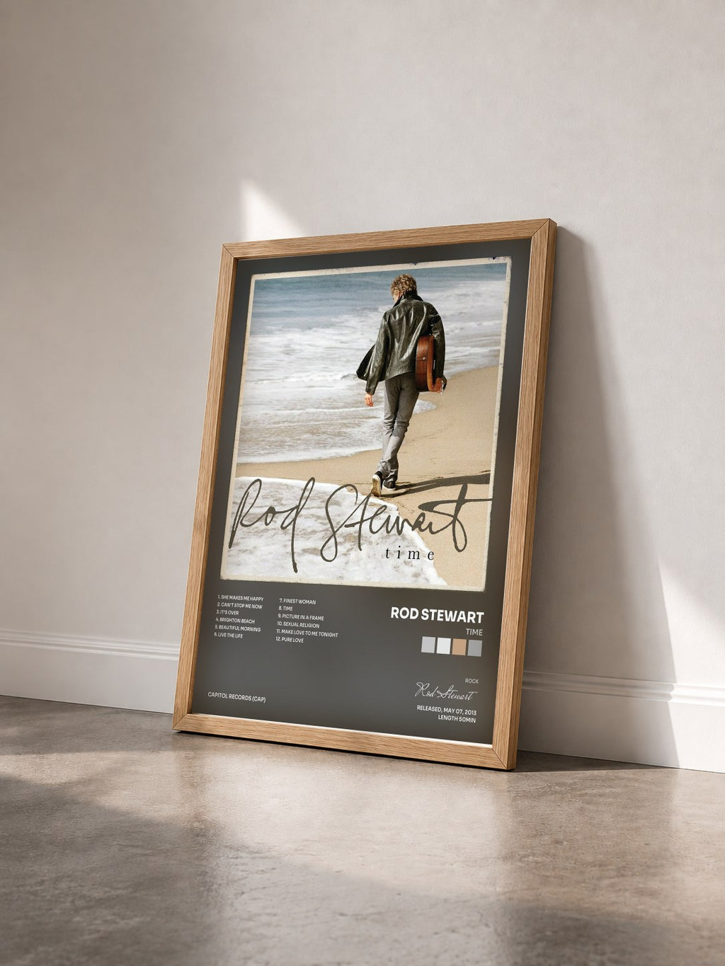 #bois Tableau de l'album Time de Rod Stewart vu de trois quarts, cadre en bois brut