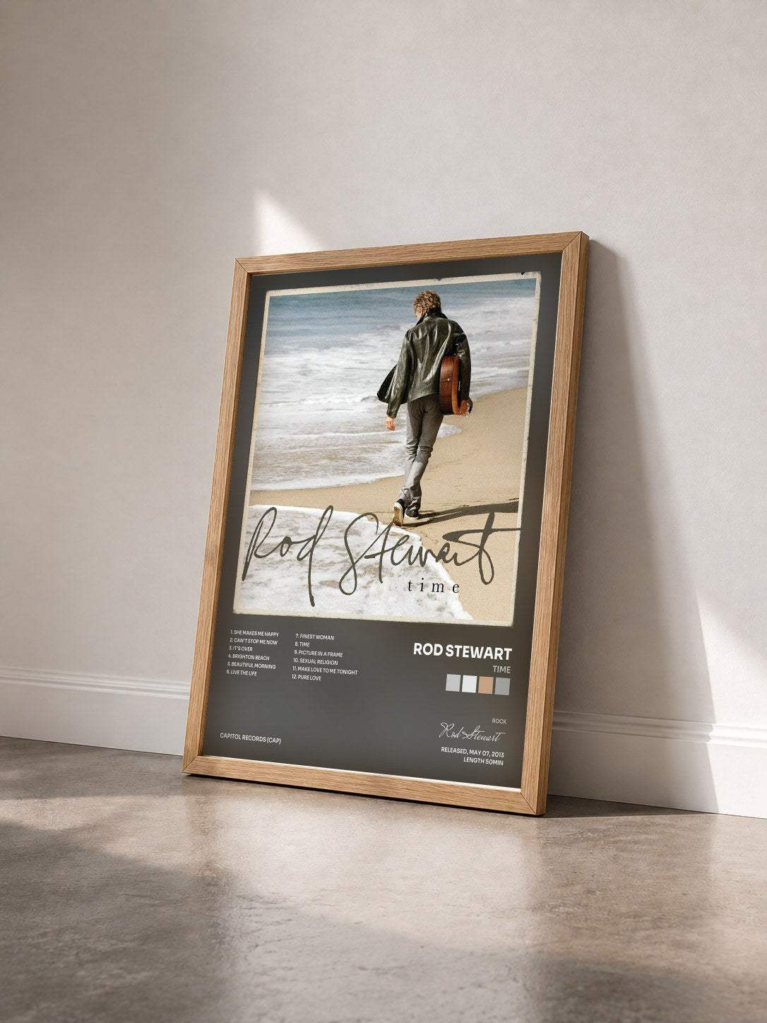 #bois Tableau de l'album Time de Rod Stewart vu de trois quarts, cadre en bois brut