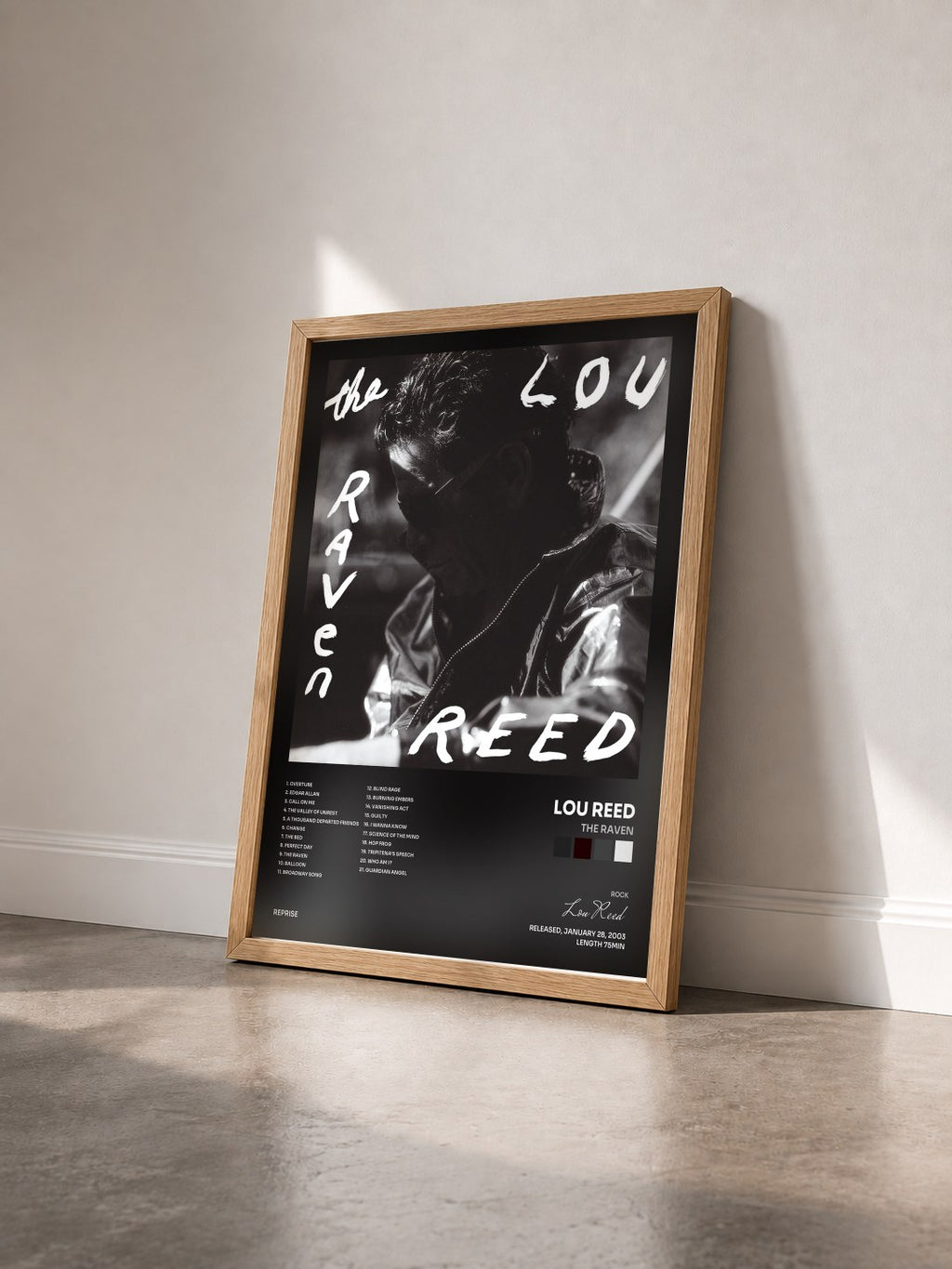 #bois Tableau de l'album The Raven de Lou Reed vu de trois quarts, cadre en bois brut