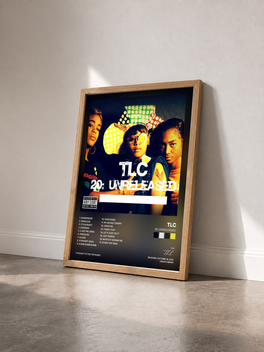 #bois Tableau de l'album 20 Unreleased de TLC vu de trois quarts, cadre en bois brut