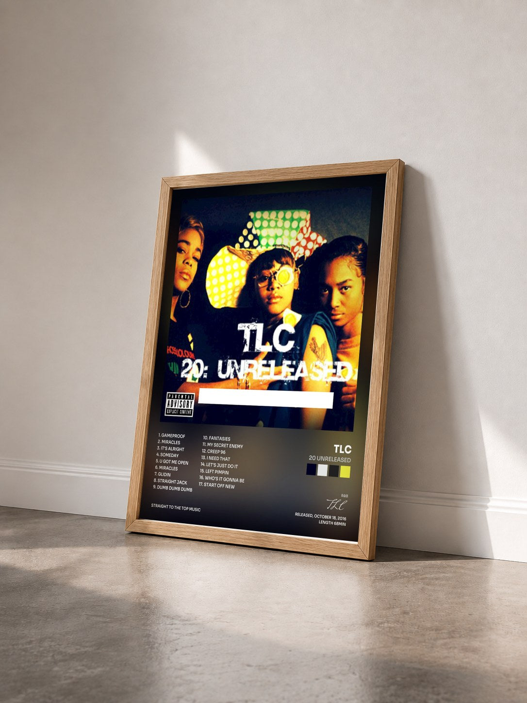 #bois Tableau de l'album 20 Unreleased de TLC vu de trois quarts, cadre en bois brut