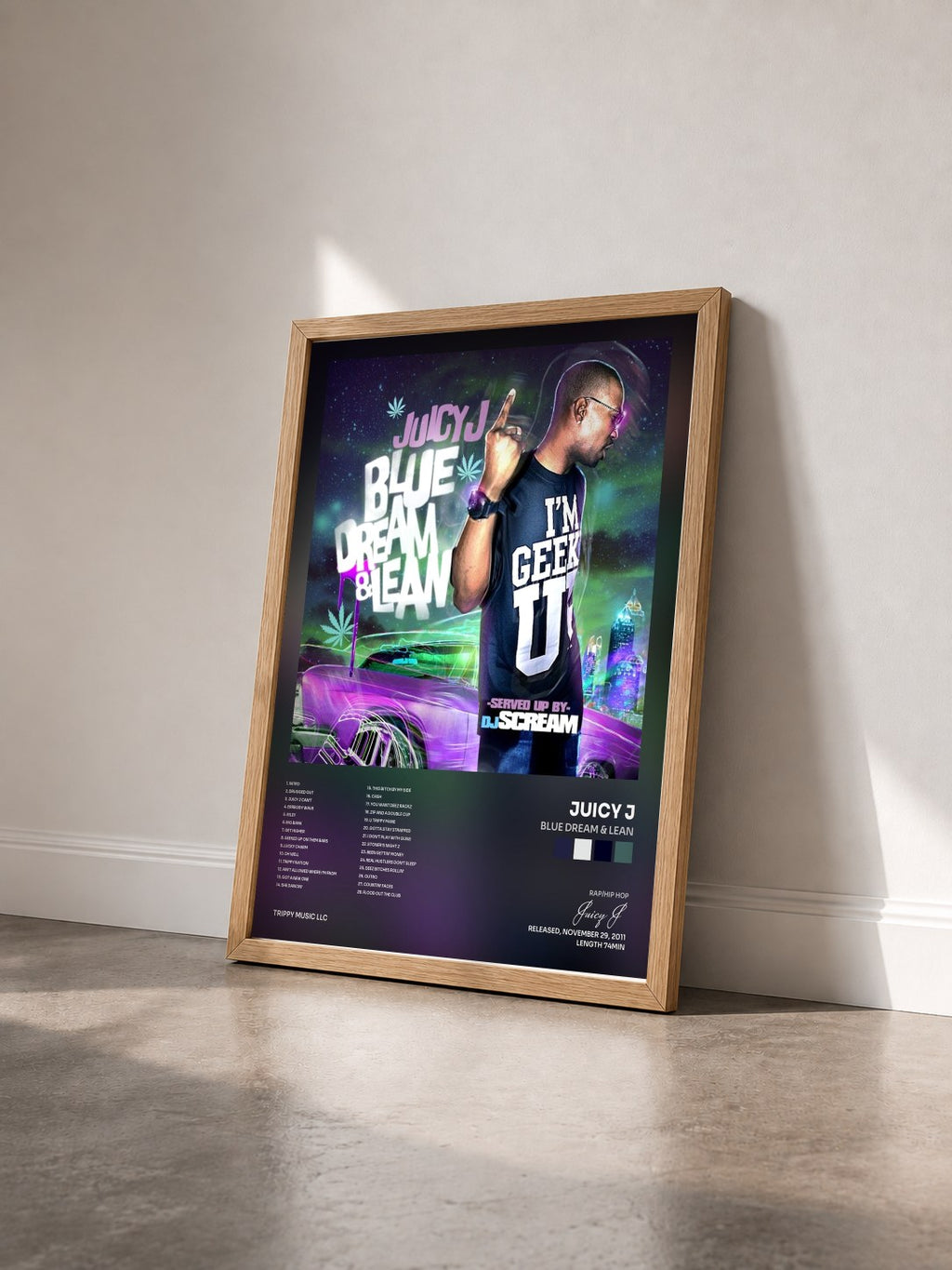 #bois Tableau de l'album Blue Dream & Lean de Juicy J vu de trois quarts, cadre en bois brut