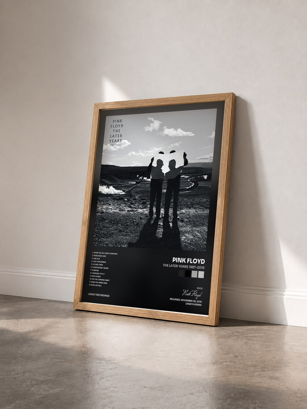 #bois Tableau de l'album The Later Years 1987-2019 de Pink Floyd vu de trois quarts, cadre en bois brut