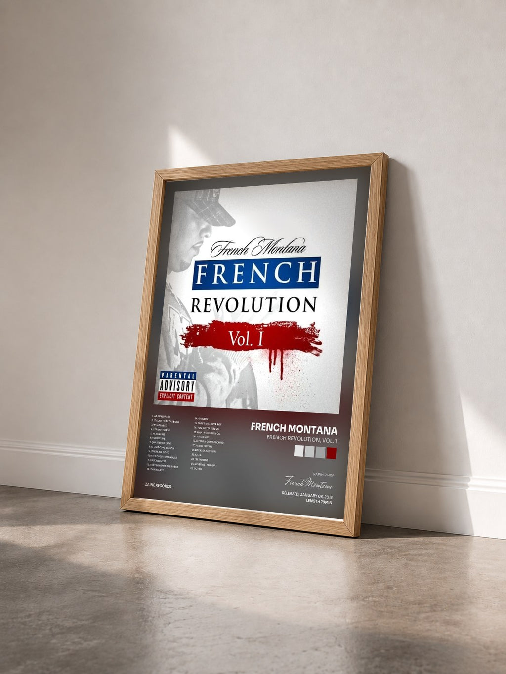 #bois Tableau de l'album French Revolution, Vol. 1 de French Montana vu de trois quarts, cadre en bois brut