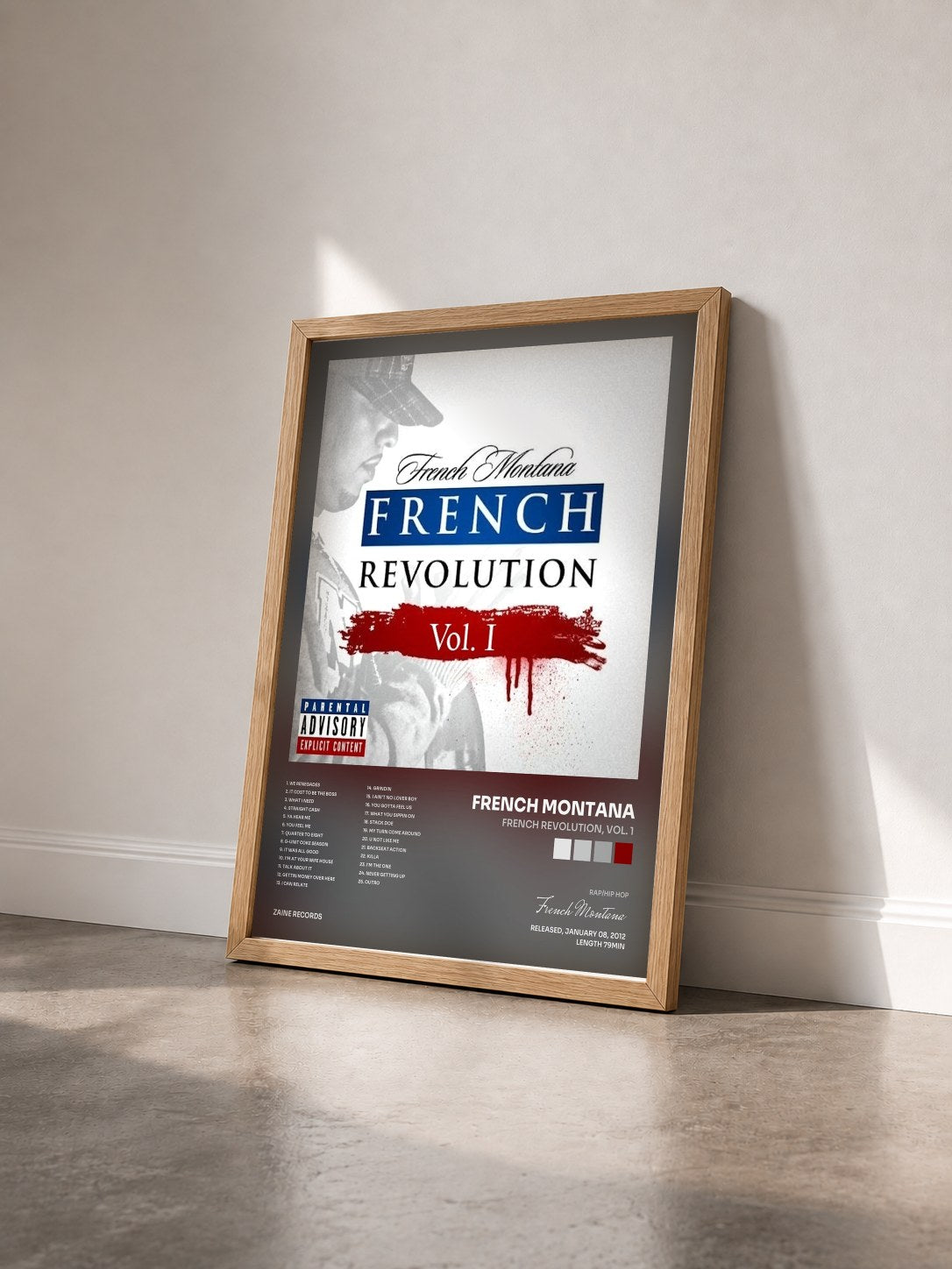 #bois Tableau de l'album French Revolution, Vol. 1 de French Montana vu de trois quarts, cadre en bois brut