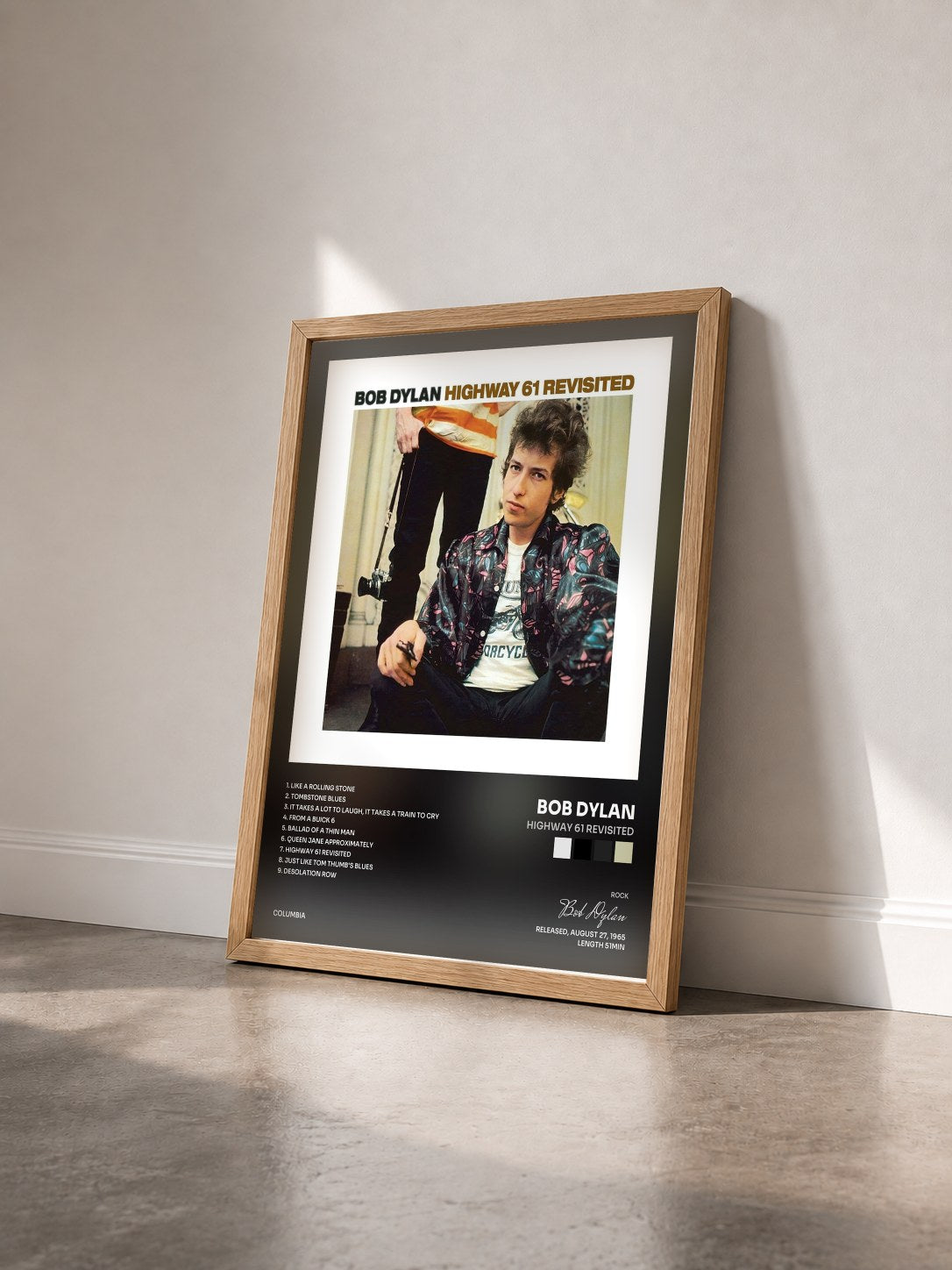 #bois Tableau de l'album Highway 61 Revisited de Bob Dylan vu de trois quarts, cadre en bois brut