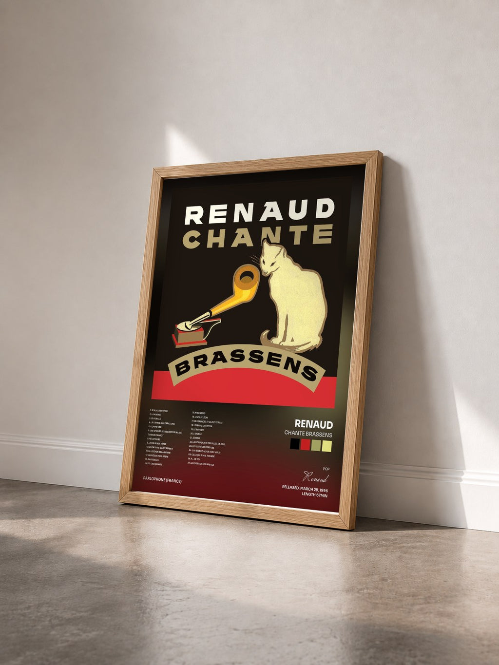 #bois Tableau de l'album Chante Brassens de Renaud vu de trois quarts, cadre en bois brut