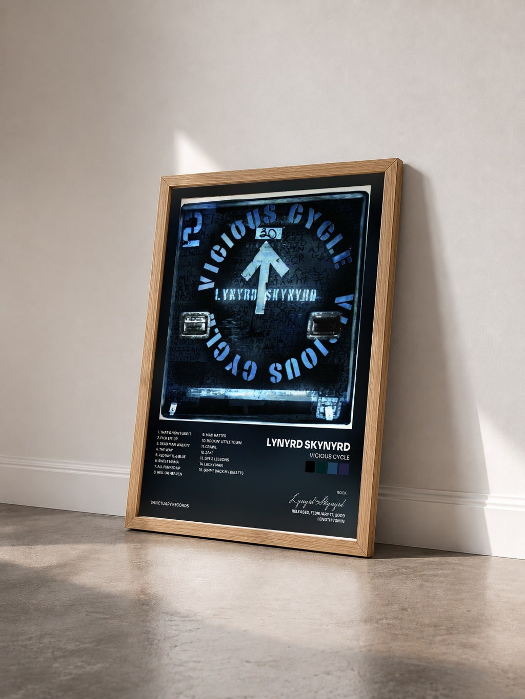 #bois Tableau de l'album Vicious Cycle de Lynyrd Skynyrd vu de trois quarts, cadre en bois brut