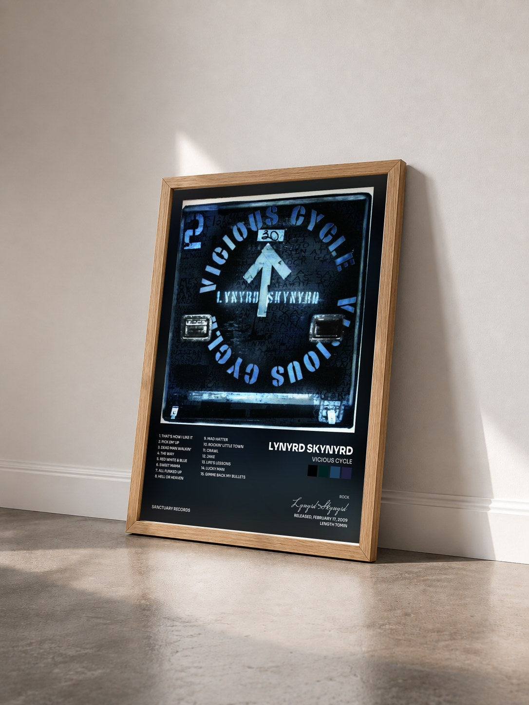 #bois Tableau de l'album Vicious Cycle de Lynyrd Skynyrd vu de trois quarts, cadre en bois brut